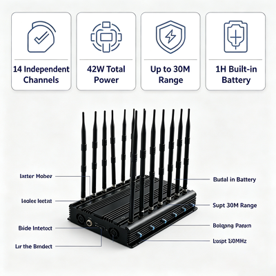 Disturbatore di segnale da desktop da 42W con 14 bande e antenna omnidirezionale per 2G 3G 4G 5G WiFi GPS VHF UHF Lojack
